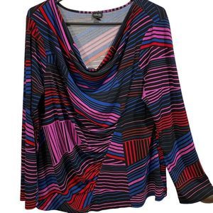 Rafaella Retro Groovy Deep Pink Blue Red Black Striped Cowl Neck Stretch Blouse